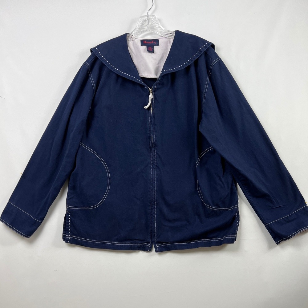 Denim & Co Sailor Jacket Womens Large Navy Blue Zip Up Nautical Preppy Cotton